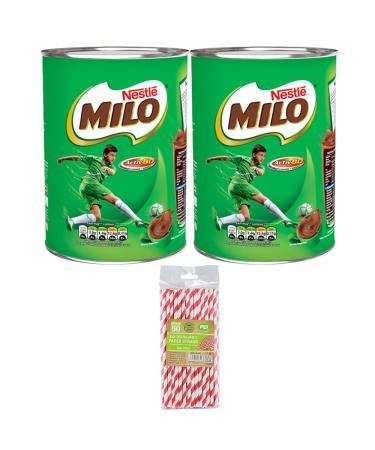 Nestle 2 x 400g Chocolate Milo Milk Drink Powder Malted Vitamin Minerals Calcium Activ Go With Red & White Design Paper Straws