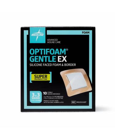 Medline Optifoam Gentle EX Bordered Foam Adhesive Dressing, 3" x 3" Square (10 Count) 3" X 3" Box