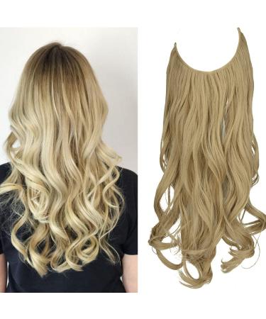 OMGREAT Highlights Halo Hair Extension Wavy Curly Long Synthetic Hair Piece Light Ash Blonde & Bleach Blonde 18Inch 4.2 Oz Transparent Wire Headband for Women No Clip 18Inch&Curly Light Ash Blonde & Bleach Blonde