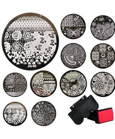 Bodhi2000 10 Pcs Nail Art Templates + 1 Stamper + 1 Scraper Stamping Kits Round Metal Plates DIY Nail Tools Random Patterns
