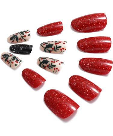 Vatocu Christmas False Nails Short Red Press on Nails - Snowflake Elk Snowman Design (24pcs) | Acrylic Stick on Nails for Women and Girls - Buy Online on SooperMarket.com