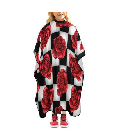 Red Roses on Black White Plaid Barber Cape Professional Hair Cutting Cape Cute Haircut Apron for Boys Girls