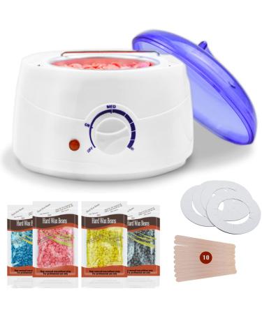 Waxing Kit, Home Wax Warmer for Hair Removal with 4 Pack Hard Wax Beans for Women and Men. Wax Heater with 10 pcs Applicator Sticks for Bikini, Brazilian, Legs, Armpit, Face