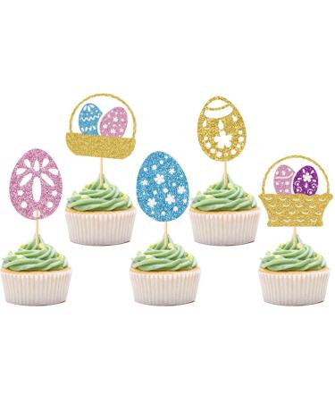 MGPFERD 25 Pcs Easter Cupcake Toppers Easter Egg Theme Party Cake Decoration Dessert Insert