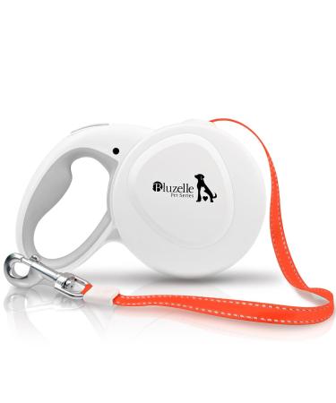 Bluzelle 8m long dog leash for dogs up to 50kg flexible roller leash neon-orange bright reflector belt with 360 carabiner hook metal ergonomic handle gray rubberized & catchment brake white