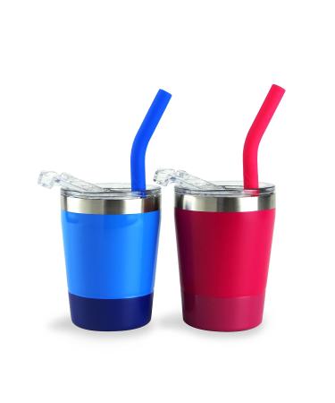 Colorful Straw Cups with Lids Pack of 2 K Kichuzl Dual Colors Toddler Cup Set Stainless Steel Mugs with Lids and Straws (Rose/Blue)