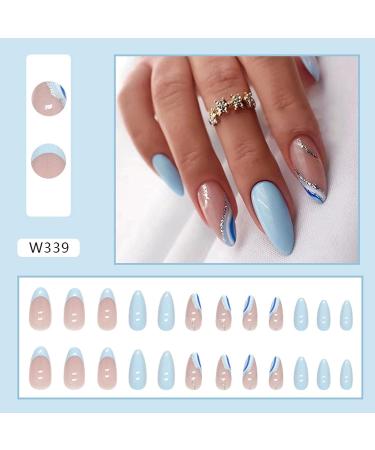 Blue Almond Shape Press on Nails with Wave Designs | Medium Length French False Nails for Women - Buy Online on SooperMarket.com