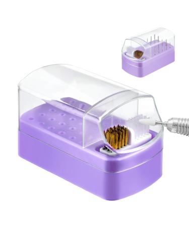 Andibro 2 In 1 Nail Drill Bits Holder 30 Holes Dustproof Nail Bits Organizer Nail Drill Bits Cleaning Brush Case Dustproof Nail Art Drill Bits Stand Display Storage Box Cleaner Manicure Tool (Purple)