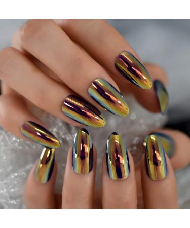iMABC Cool Punk Style Magic Gold Fake Nails Long Metallic Mirror Almond Press on False Nails Reusable Nails Art Tips DIY at Home L6301