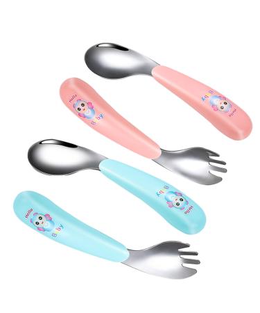 4PCs Babylenp ffel Liwein Baby spoon stainless steel curved spoon baby children fork baby cutlery set for baby toddler self -feeding baby open blue+pink