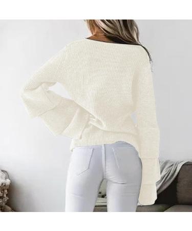 Creoqiji Women's V-Neck Sweater - Autumn/Winter Loose Fit with Leaf Sleeves - Comfortable Elastic Party Wear in White (Size L) - Buy Online on SooperMarket.com