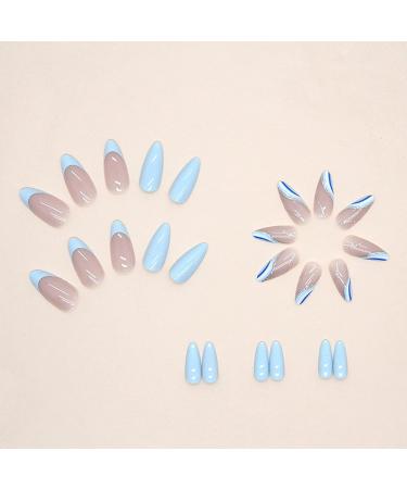 Blue Almond Shape Press on Nails with Wave Designs | Medium Length French False Nails for Women - Buy Online on SooperMarket.com