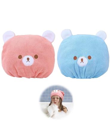 2PCS Hair Towel Wrap Cute Bear Dry Hair Caps Hair Drying Wrap Towel Bath Head Wrap Drying Turban Cap for Women Girls Children and Kids