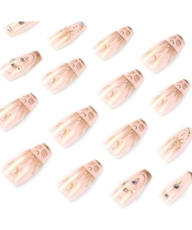 Golden Press On Nails Square Medium Coffin with Bright Sun Design - Matte Full Cover Stick On Nails for Women and Girls | RUNRAYAY - Buy Online on SooperMarket.com