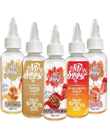 Mr Syrups Caramel Vanilla Cherry Bakewell Pear Drops Rhubarb Combo Pack of 5 Flavoured Syrup - 60ml Bottle Flavoured Sugar Free syrup for Coffee Cocktails Mocktails Iced Tea Milkshakes & Baking