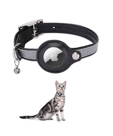 Kocnydey leather reflective Airtag cat collar anti-wing cat collar with adjustable bracket & bell integrates Apple Air day cat necking band for cats small dogs (black) m (28-37cm) black