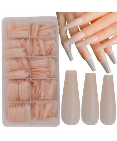 LuckForever 500pc Nude Pink Coffin False Nails Press on Full Cover Ballerina Fake Acrylic Nail Tips Manicure Fingernails Design Decor with Case for Women Girls Home Salon DIY ( Point Nude)
