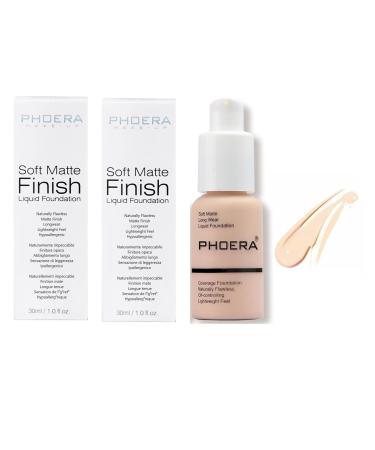 Phooera Fulll Coverage Liquid foundation Matte Finish Concealer Long wear 24hrs Oil Controlling Naturally Flawless Lightweigt Feel Buildable Fond de teint (2 X 101)