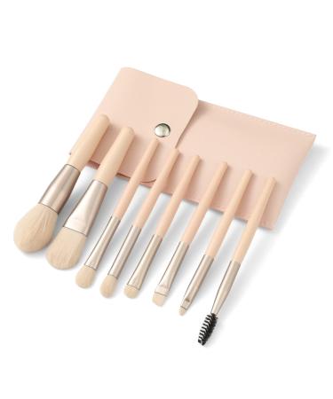 Travel Makeup Brush Set 8PCS Mini Size Premium Synthetic Fiber Foundation Blush Concealer Eyebrows Eye Shadow Angled brush Lip Make up Brush With Storage Bag (Beige Pink)