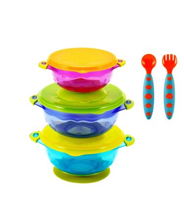 PandaEar Stay Put Spill Proof Stackable Baby Suction Bowls 3 Sizes for Toddlers with Silicone Feeding Utensils and Secure Lids BPA Free