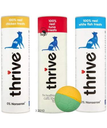 thrive 100% Real Cat Treats - Pack of 3 (Tuna and Chicken and White Fish) and free toy ball
