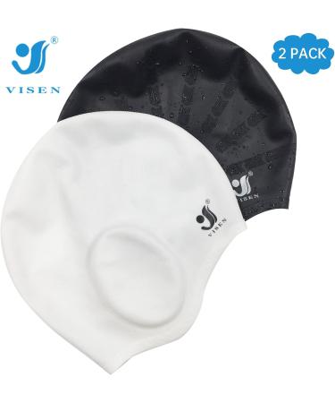 Unisex Silicone Bathing Cap with Ear Protection - 2PC Waterproof Swimming Caps for All Hair Types with Earplugs & Nose Clamp - Elastic Black & White Swim Caps for Adults & Kids - Buy Online on SooperMarket.com