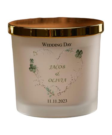 Personalised Large Double Wick Wedding Candle Gift with Green Clover Heart (Lemongrass & Coconut)