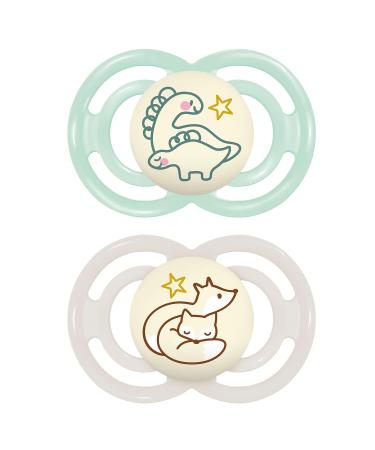 Mam Perfect Night Schnuller in the 2 Set bright in the dark tooth-friendly baby pacifier from sustainable & organic-renewable materials with pacifier box 16+ months Dino / Fuchs 16+ / Silicone / Night (2-pack) Dino / fox