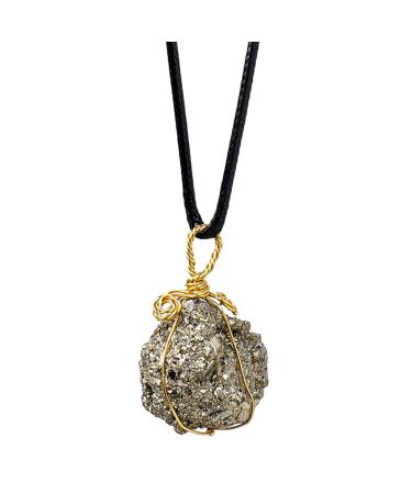 Pyrite Crystal Pendant - Natural Gold Wire Wrapped Raw Pyrite Necklace for Men Handmade Healing Gemstone Pendant Necklace with Black Macrame Cord Frifer