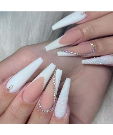 Artificial nails long white wrong nails ballerina acrylic of course press on the nails full cover 24pcs for women and girls white with diamonds