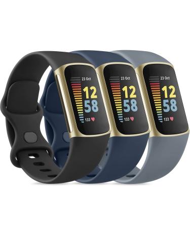 Pack 3 Silicone Bands for Fitbit Charge 5, Adjustable Replacement Wristbands for Fitbit Charge 5 Women Men Small Large (Without Tracker) (Large: for 7.3"-8.9" Wrists, Black+Navy Blue+Slate Grey) Large: for 7.3"-8.9" Wrists…