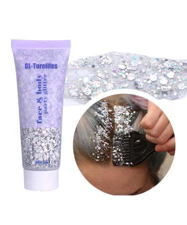 GL-Turelifes Chunky Glitter Gel Glitter Body Gel Festival Glitter Cosmetic Face Hair Nails Makeup Mermaid Sequins Liquid Eyeshadow Long Lasting Sparkling 50ml Easy to Apply& Remove (#05 Silver)
