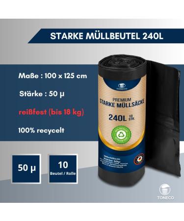 Toneco Strong Garbage Bags 240L - 100% Recycled Black - Ideal for Camping Household & Industry - 20 Durable 100x125cm Bags - Buy Online on SooperMarket.com