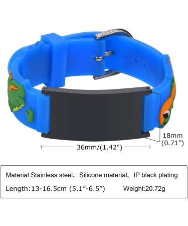 Customised Kids Safety ID Wristband - Personalised Medical Alert Bracelet for Boys and Girls - Dinosaur Design in Blue and Black - Buy Online on SooperMarket.com