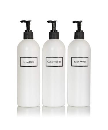 Artanis Home Silkscreened Empty Shower Bottle Set for Shampoo, Conditioner, and Body Wash, Cosmo/Bullet 16 oz 3-Pack, White (Black Pumps)