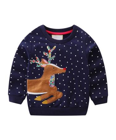 Little Hand Baby Girls Sweatshirt Christmas Xmas Jumper Kids Cute Long Sleeve Cotton Pullover Tops Toddler Tees for Age 1-8 Years 1-2 Years 2# Reindeer/Navy Blue