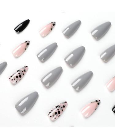 24 Pcs Animal Print Stiletto False Nails - Short Grey French Glitter Almond Nails with Nail Glue - Women's Nail Art Kit - Buy Online on SooperMarket.com