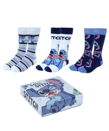 Set of Stitch Socks Blue White and Grey 3 Pairs Size 40 to 46 Long Socks in Cotton Polyamide and Elastane Original Product Designed in Spain Multicolored 40-46