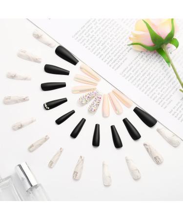 Aksod Glossy Ombre Extra Long Marble Press on Nails - Black Crystal 3D Bling Square Coffin Fake Nails - Full Coverage Acrylic Ballerina False Nails - Perfect for Parties - Women and Girls (Black Crystal) - Buy Online on SooperMarket.com