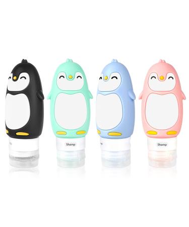 Phantomsky 4 pieces cute penguins silicone travel bottles set refillable squeezable losing -proof container for cosmetics shampoo lotion toilet items (90 ml)
