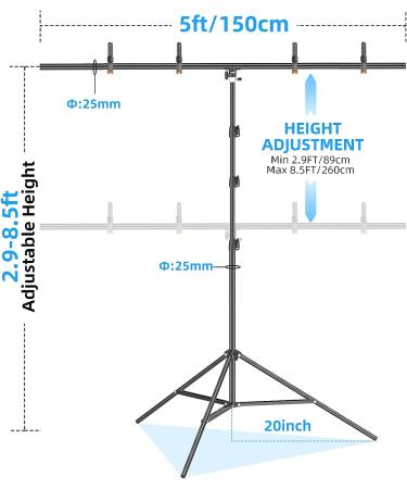 EMART T-Shape Portable Background Backdrop Stand Kit - 5ft Wide, 8.5ft Tall, Adjustable with 4 Spring Clamps - Buy Online on SooperMarket.com