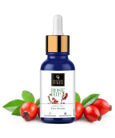 Good Vibes Rose Hip Radiant Glow Face Serum | 10 ml Light Weight Non Greasy Moisturizing Anti Ageing Formula For All Skin Types | Corrects Dark Spots | No Parabens & Sulphates No Animal Testing