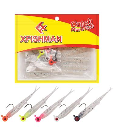 Crappie-Baits- Plastics-Jig-Heads-Kit-Minnow-Fishing-Lures-for Crappie-Panfish-Bluegill-20Piece Kit - 15 Bodies- 5 Crappie Jig Heads #10 Disco Violet