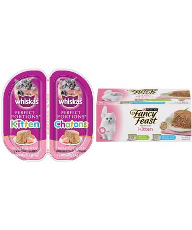 WHISKAS Perfect Portions Kitten Wet Cat Food Pat - Chicken Entr e 75g (24Pack) + Fancy Feast Kitten Wet Kitten Food Variety Pack (12 pack) Cat Food + Wet Kitten Food Kitten 75 g (Pack of 24)
