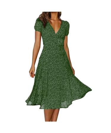 Women's Floral Wrap V-Neck Midi Dress Short Sleeve Boho Summer Beach Long Dress A-Line Casual Smocked Dress Women Green X-Large