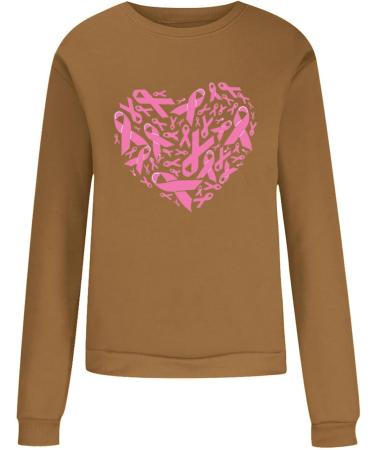 Yihaojia Breast Cancer Awareness Sweatshirts for Women Round Neck Long Sleeve Pullover Top Pink Ribbon Print Fall Blouse Khaki#55 XX-Large - Buy Online on SooperMarket.com