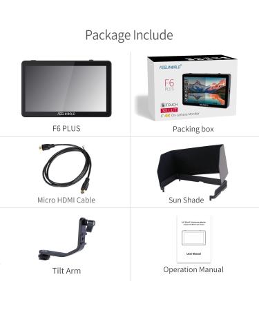 FEELWORLD F6 Plus 6 DSLR Camera Field Monitor | Full HD 1920x1080 IPS Screen with HDR, 3D Lut, Video Peaking, Focus Assist | 4K HDMI, 8.4V DC IO | Tilt Arm Included - Buy Online on SooperMarket.com