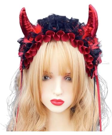 JSGHGDF Creative Spooky Devil Horn Shape Hairband Women Pleated Lace Makeup Skincare Headband for Halloween Photography Hairband Black - Buy Online on SooperMarket.com