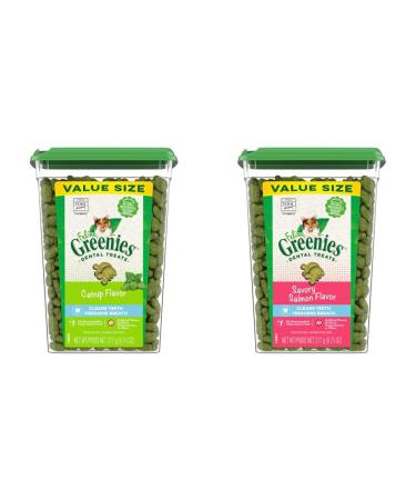 FELINE GREENIES Cat Treats Natural Dental Care Catnip Flavour + Savory Salmon Flavour 9.75oz. Tubs Cat Treats + Cat Treats 277 g (Pack of 1)