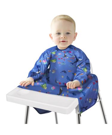 Vicloon Baby Bibs with Sleeves Coverall Weaning Bib Baby Bib Waterproof Unisex Waterproof Feeding Bibs Apron Baby Drool Baby Bandana for Infant Toddler 6 Months to 3 Years Old (Ocean) Dark Blue